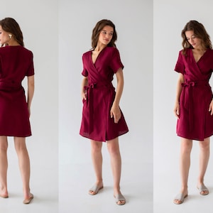 Linen wrap dress, burgundy linen dress for women, wrap dress mini, v-neck dress, linen dress with pockets, linen bridesmaid dress,