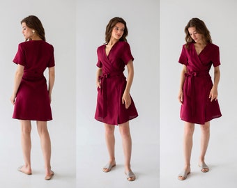 Robe portefeuille en lin, robe en lin bordeaux pour femme, mini robe portefeuille, robe à col en V, robe en lin avec poches, robe de demoiselle d'honneur en lin,