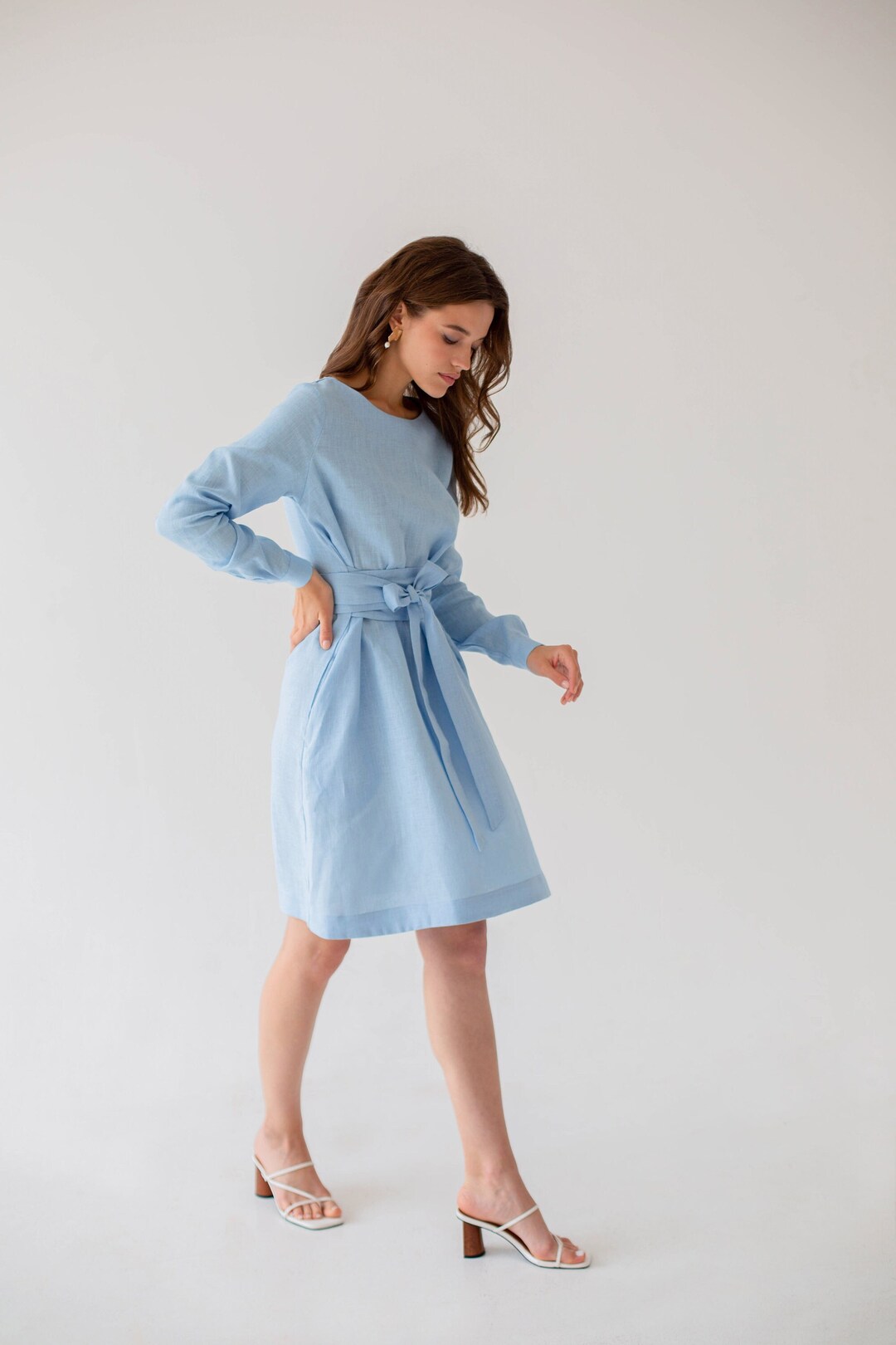 Linen Dress for Woman Wedding Guest, Linen Dress With Pockets, Blue