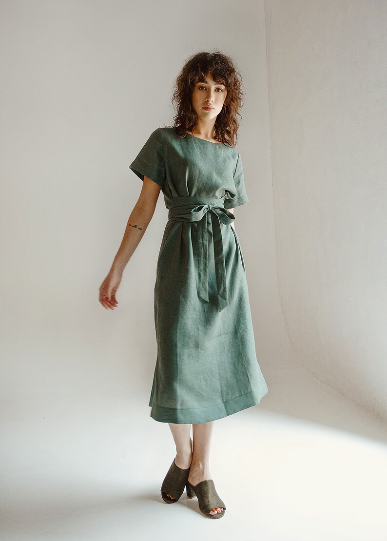 Linen Midi Dress Sage Linen Dress Sage Green Linen Etsy