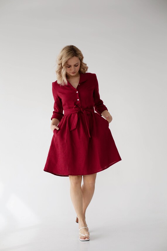 Vestido corto de lino con cintur n vestido de lino rojo vino con
