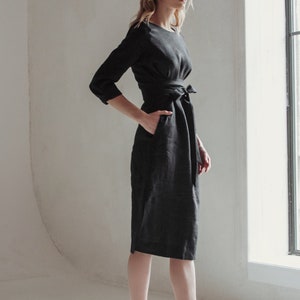 Elegant black midi dress with pockets, black linen wrap dress for woman, modest dress, formal cocktail black linen midi dress, wrap dress image 5