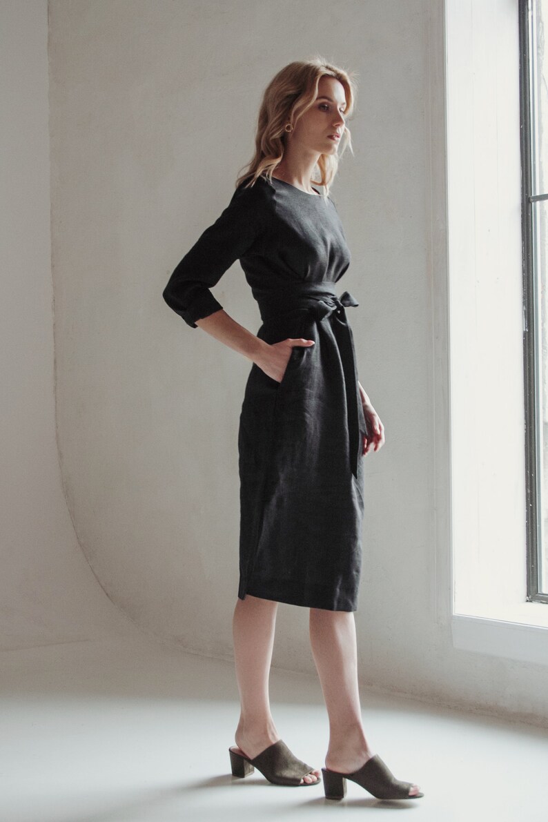 Elegant black midi dress with pockets, black linen wrap dress for woman, modest dress, formal cocktail black linen midi dress, wrap dress image 5