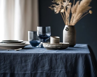 Linen tablecloth blue, linen tablecloth rectangle, washed soft linen tablecloth oval blue, linen tablecloth square, linen tablecloth round