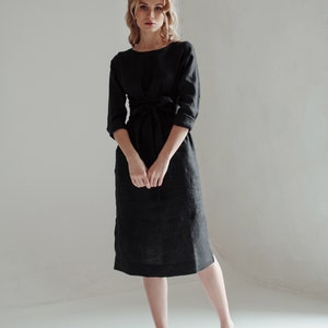 Elegant black midi dress with pockets, black linen wrap dress for woman, modest dress, formal cocktail black linen midi dress, wrap dress image 3