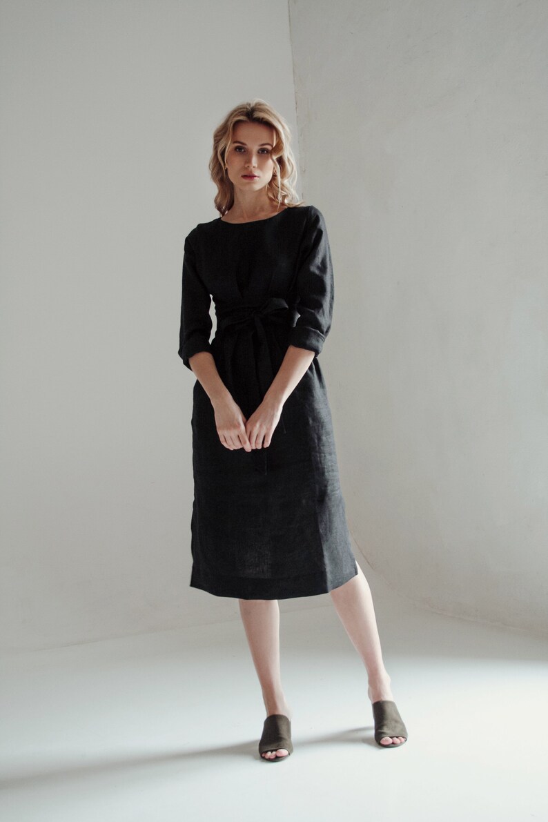 Elegant black midi dress with pockets, black linen wrap dress for woman, modest dress, formal cocktail black linen midi dress, wrap dress image 3