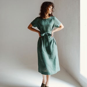 Linen Midi Dress, Sage Linen Dress, Sage Green Linen Bridesmaid Dress ...