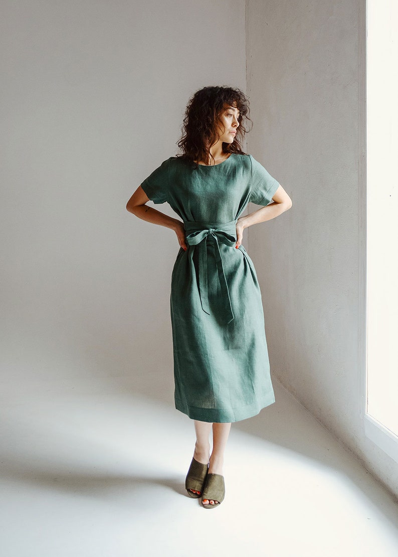 Linen Midi Dress Sage Linen Dress Sage Green Linen Etsy