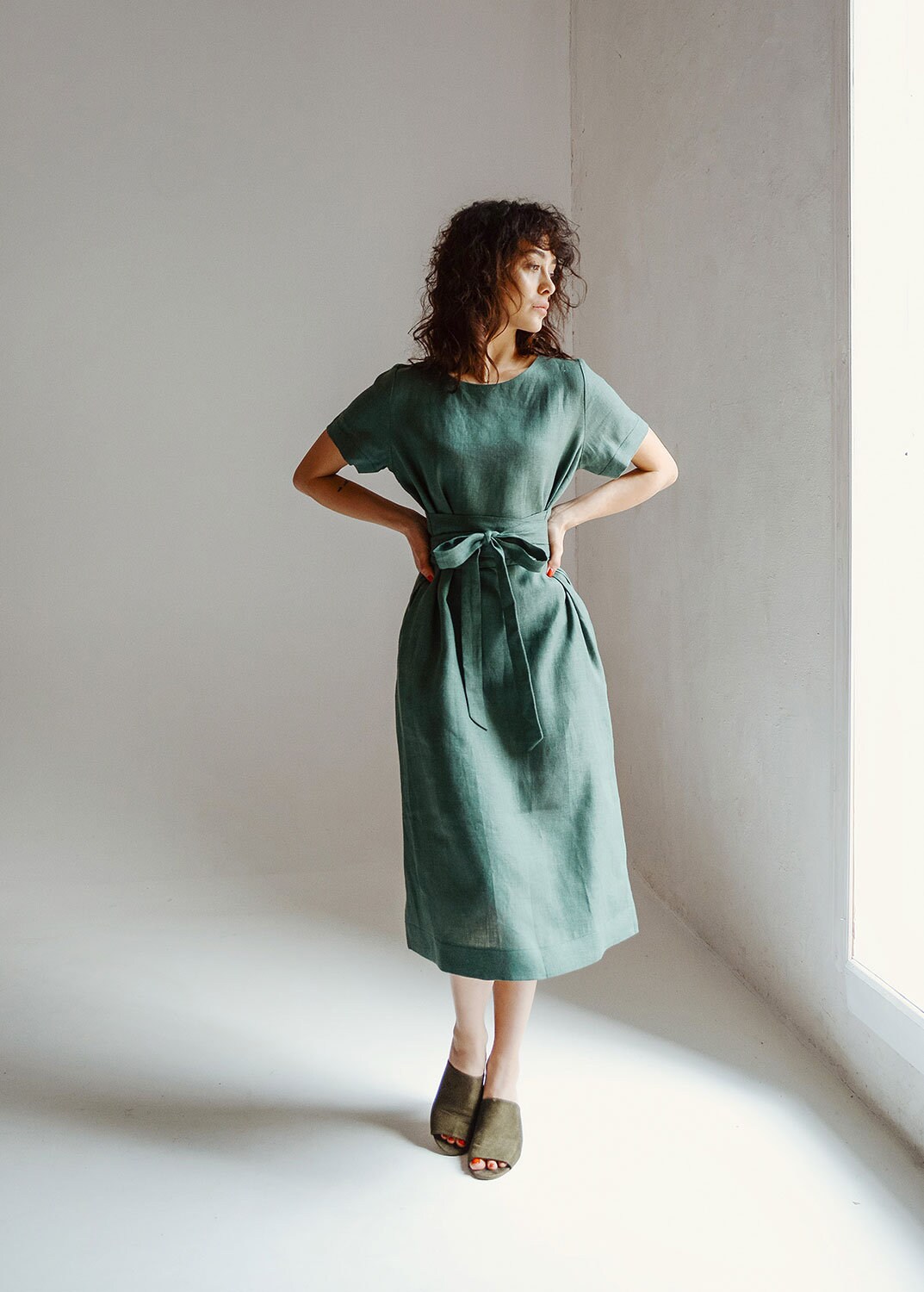 Linen Midi Dress Sage Linen Dress Sage Green Linen - Etsy
