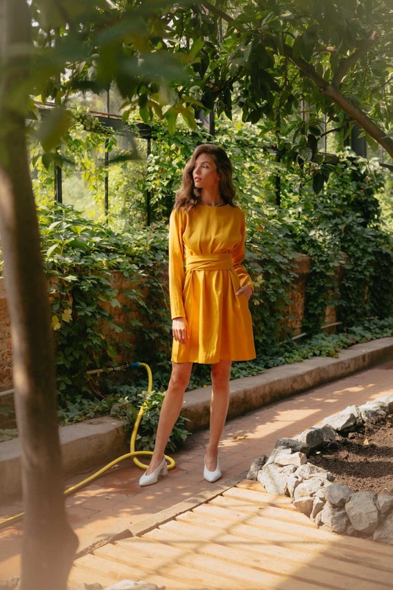 Mustard elbow sleeved plain flared gown – 101 Hues