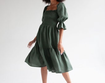 Linen dress women, bridesmaid dress, sage green linen dress, ruffle dress, off the shoulder dress, linen maternity dress, linen dress midi