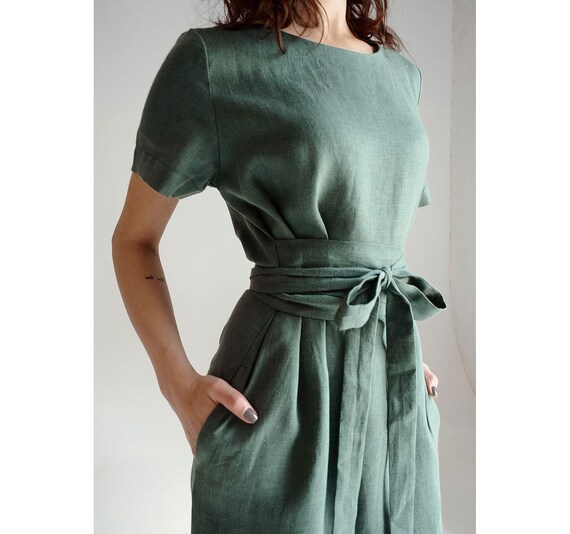 Linen Midi Dress Sage Linen Dress Sage Green Linen - Etsy