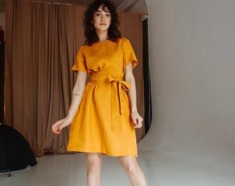 Mustard yellow handmade washed linen short dress with wide belt, round collar, short sleeves, pockets, and a-silhouette, handmade dress