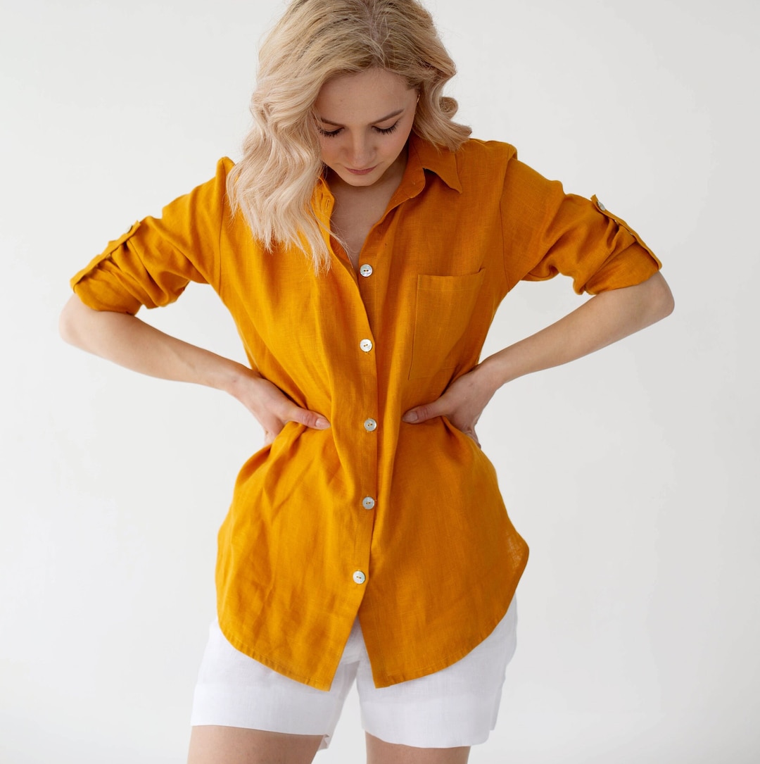 Linen Shirt Women Mustard Yellow Shirt Women Linen Top for Etsy