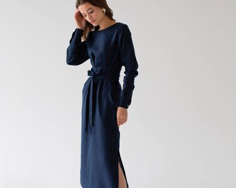 Linen bridesmaid dress, linen wrap dress midi, linen dresses for women, modest dresses for women, navy blue linen dress, L size dress