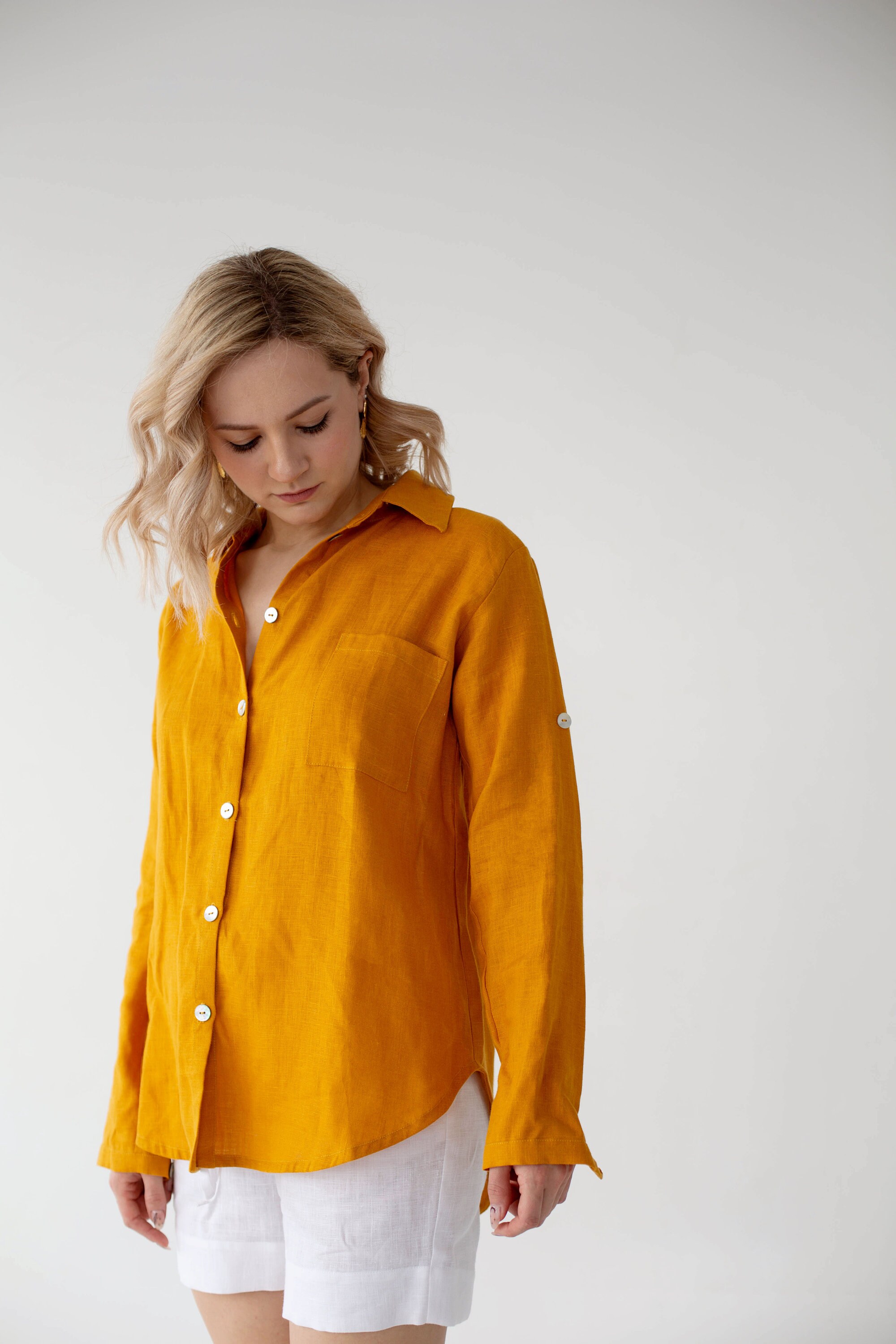 Elegant Handwoven Linen Shirt Dress in Yellow Maple Leaf, Women's Summer  Linen Clothing