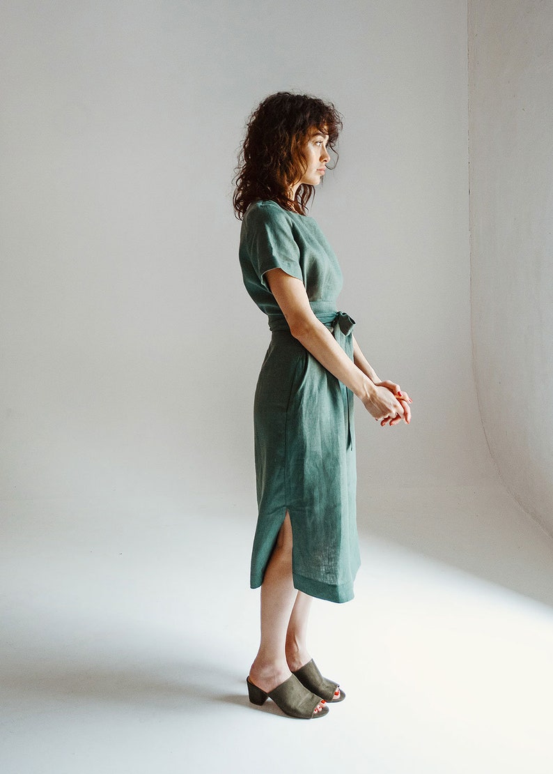 Linen Midi Dress Sage Linen Dress Sage Green Linen Etsy