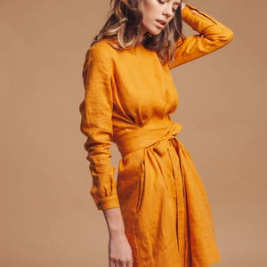 Linen dress women, dress fall long sleeve, dress for wedding, mustard yellow dress short, dress for photoshoot, dress for wedding guest image 3