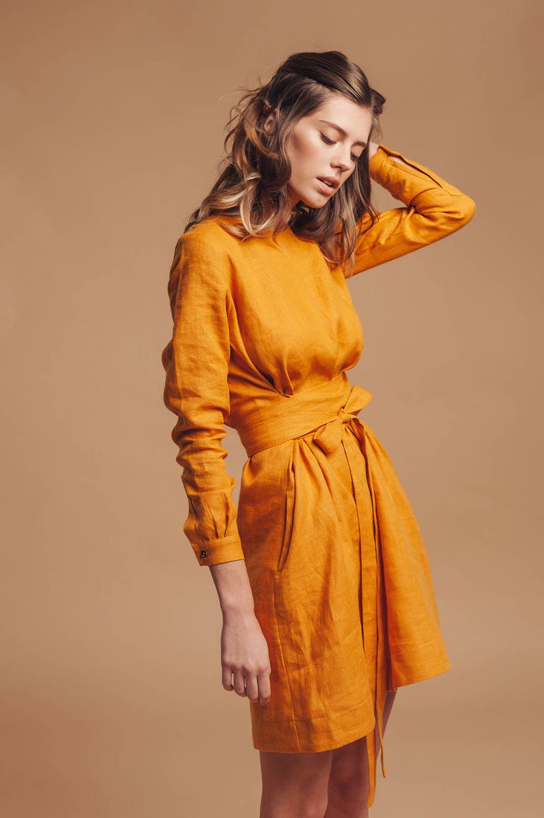 Linen dress women, dress fall long sleeve, dress for wedding, mustard yellow dress short, dress for photoshoot, dress for wedding guest image 3