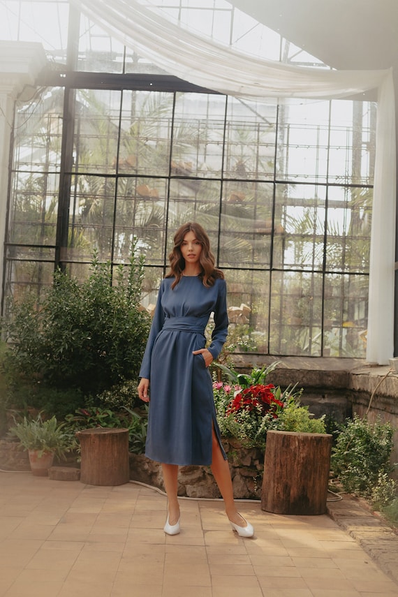 Dusty Blue-Upgrade Maxi Dress - Long Sleeve Dress - V neck Dress