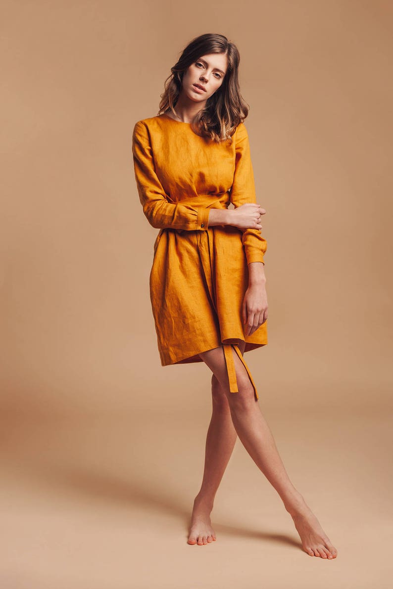 Linen dress women, dress fall long sleeve, dress for wedding, mustard yellow dress short, dress for photoshoot, dress for wedding guest image 2