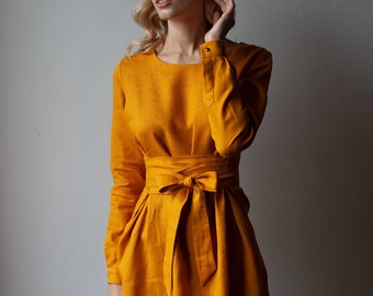 Linen dress, bridesmaid dress, linen dresses for women, linen womens clothing, linen wrap dress, yellow dress long sleeve, elegant dress