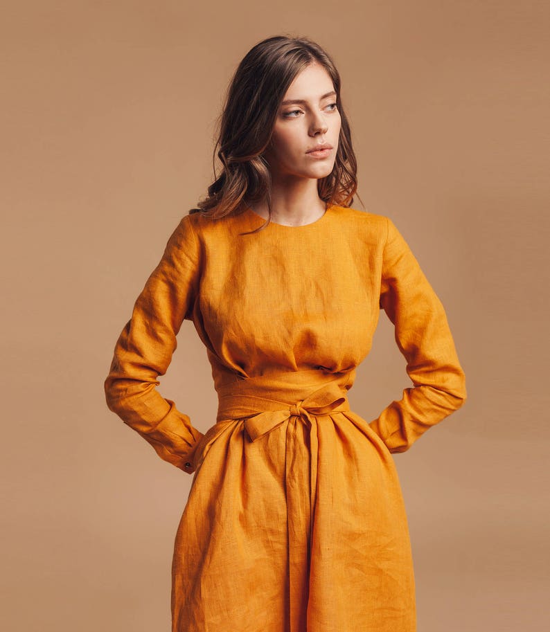 Linen dress women, dress fall long sleeve, dress for wedding, mustard yellow dress short, dress for photoshoot, dress for wedding guest image 4