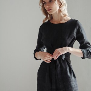 Elegant black midi dress with pockets, black linen wrap dress for woman, modest dress, formal cocktail black linen midi dress, wrap dress image 4