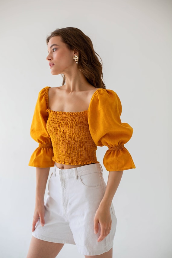 Linen Top. Mustard Linen Top. Mustard Blouse. off the Shoulder