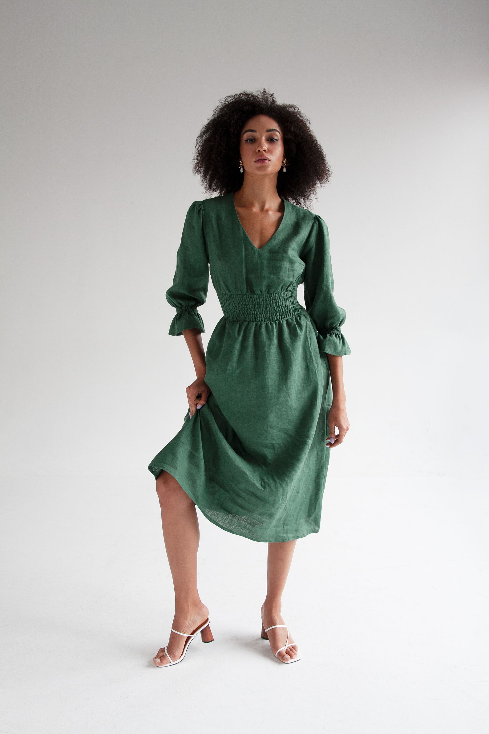 Green Linen Dress Midi Puffed Sleeve Dress for Wedding Guest Etsy