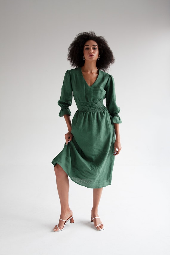 Groene linnen jurk midi gepofte mouw jurk voor bruiloftsgast - Etsy België
