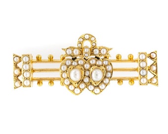 Victorian Seed Pearl Double Heart And Bow Brooch, Circa 1875