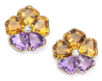 Harvey & Gore Amethyst, Citrine, Diamond And Gold Pansy Earrings, 1973