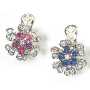 Vintage Sapphire, Ruby, Diamond And Platinum Flower Earrings