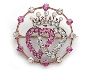 Antique Ruby Diamond Pearl Gold And Silver Luckenbooth Heart Crown And Circle Brooch, Circa 1910