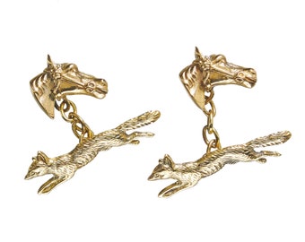 Vintage Fox And Horse 14K Gold Hunting Cufflinks, Circa 1940