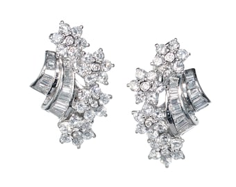 Modern Vintage Style Diamond And Platinum Floral Clip Earrings, 4.12 Carats
