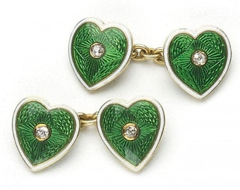 Enamel, Diamond & Gold Heart Cufflinks | Circa 1915