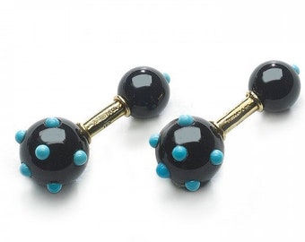 Tiffany Schlumberger Cufflinks Black Onyx Turquoise and Gold, Circa 1960