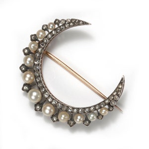 Antique Natural Pearl Rose Cut Diamond Silver Upon Gold Crescent Brooch, Circa 1890
