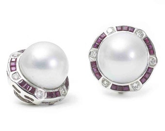 South Sea Pearl, Ruby, Diamond And White Gold Earrings, Circa 1990