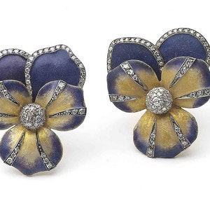 Emaille und Diamant Stiefmütterchen Ohrringe