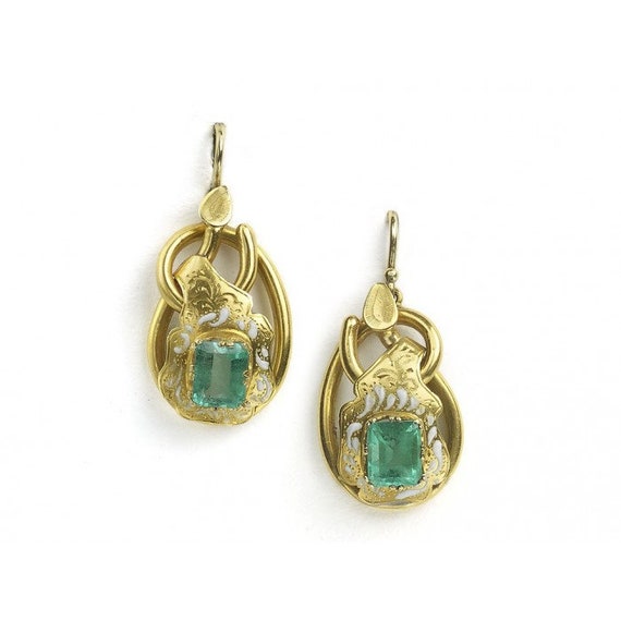 Antique Emerald & Enamel Gold Earrings