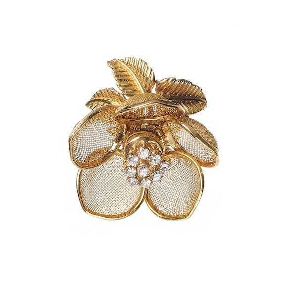 Vintage Merrin French Diamond And Gold Mesh Flowe… - image 1