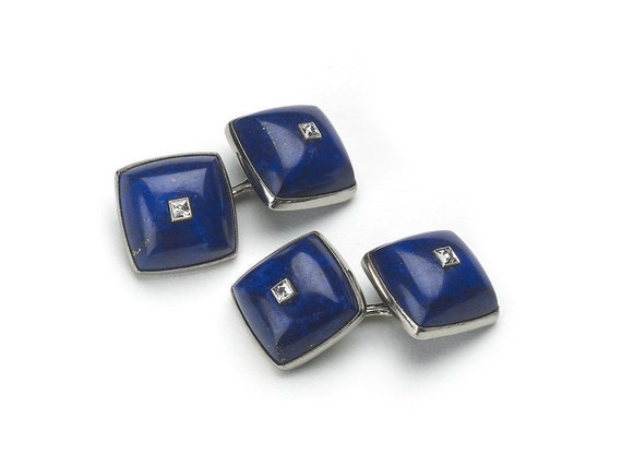 Vintage Lapis Lazuli Diamond and White Gold Cuffl… - image 1