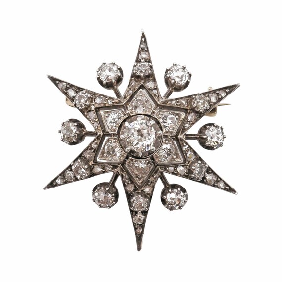 Antique Diamond and Silver Upon Gold Six Point Star Brooch, With Rays, Circa 1890