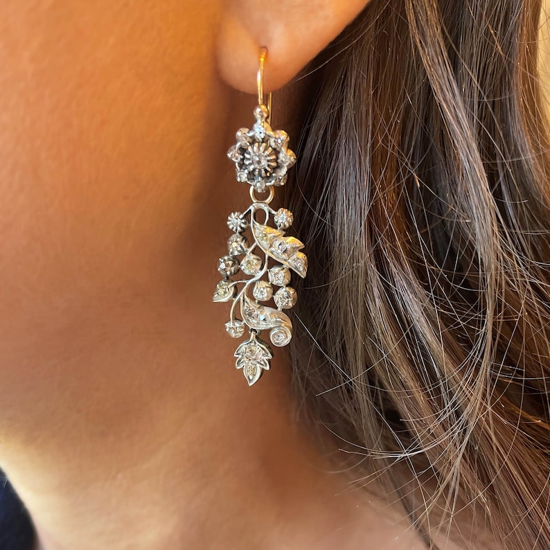 Antique Spanish Diamond and Silver Upon Gold Drop Earrings, 3.00ct