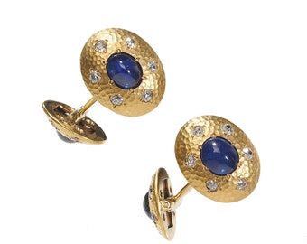 Austrian Sapphire, Diamond and Hammer Finish Gold Cufflinks