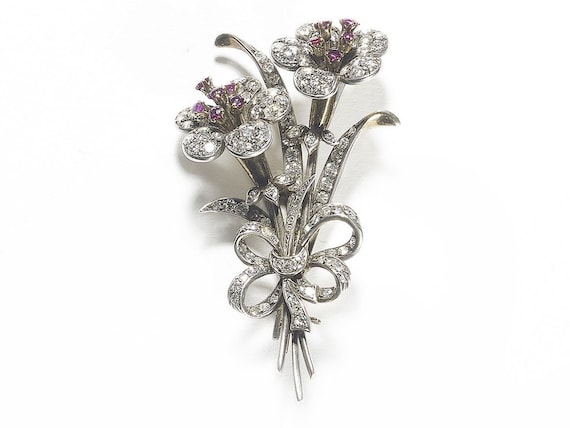 Diamond & Ruby Flower Brooch - image 1