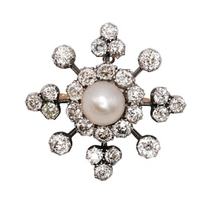 Antique Pearl, Diamond and Silver-Upon-Gold Brooch/Pendant, Circa 1890